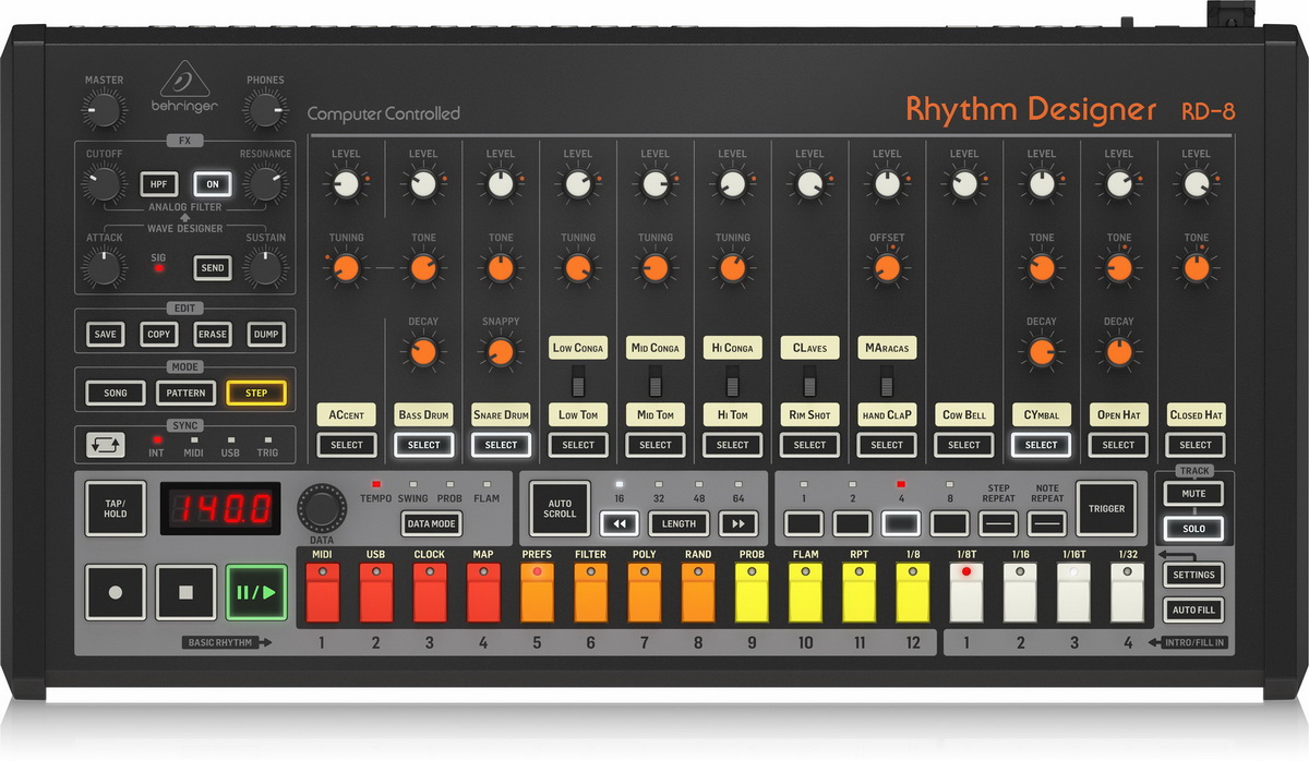 Купить Аналоговая драм-машина Behringer RD-8 Rhythm Designer в Химках,  цена: 35700 руб, 1 отзыв о товаре - интернет-магазин Pult.ru