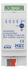 Универсальный модуль ввода-вывода MDT technologies AIO-0410V.01 KNX/EIB, 4-х канальный, ввод: 0(2)-12(10)В или 0(4)-20мА, вывод: 0-10В, независимая настройка каналов, на DIN рейку, 2TE