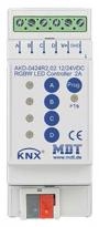 Контроллер LED лент MDT technologies AKD-0424R2.02 KNX/EIB с управлением постоянным напряжением 12/24В=, 4-x канальный (RGBW), нагрузка до 2.0А на канал, релейный выход 16А/140мкФ, сцены и последовательности, диммирование, PWM до 1000Гц,