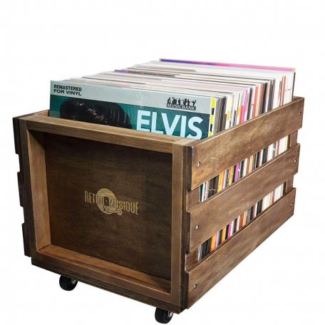 WOODEN RECORD STORAGE CRATE ON WHEELS FOR 100 LPS - RETRO MUSIQUE