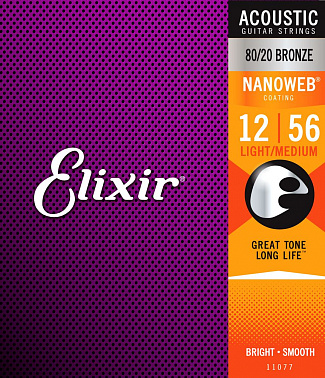 Струны для гитары Elixir 11077 NanoWeb Light-Medium 12-56 80/20