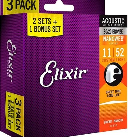 Струны Elixir 16538 80/20 Bronze Acoustic NANOWEB Light (.011-.052) 3-pack