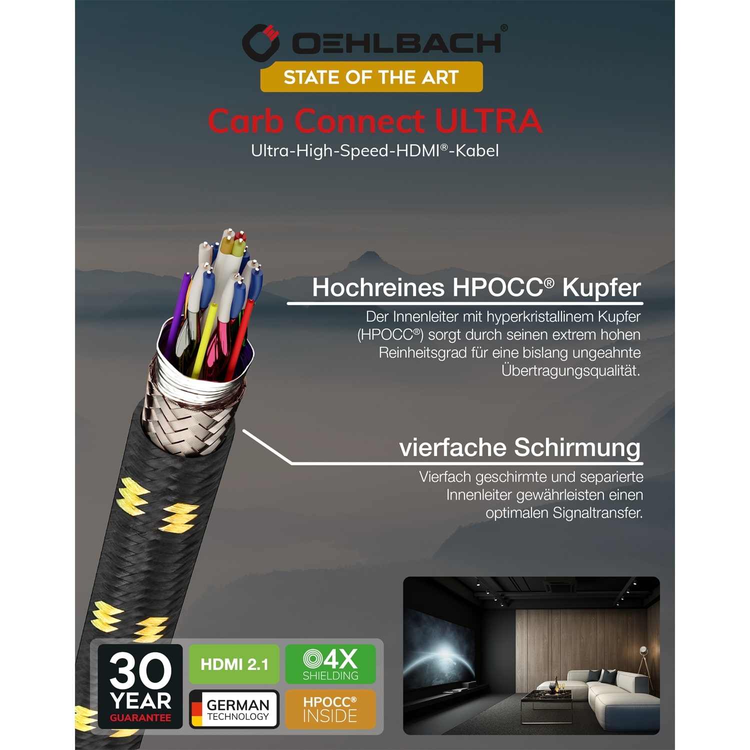 HDMI кабели Oehlbach STATE OF THE ART XXL Carb Connect Ultra HDMI, 5m, gold, D1C11446, цвет черно-золотой - фото 3