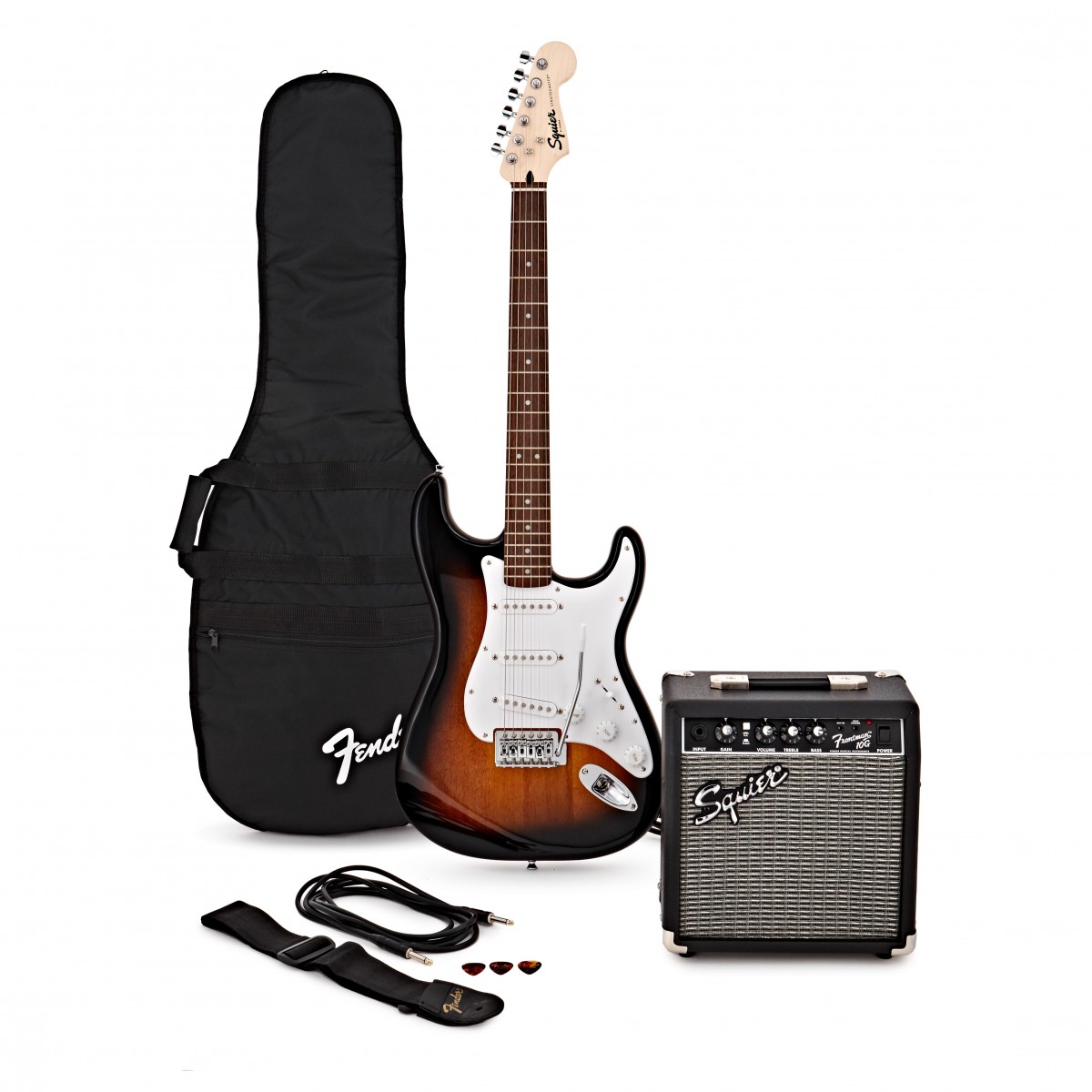 Электрогитары FENDER Squier Stratocaster Pack, Laurel Fingerboard, Brown Sunburst, Gig Bag, 10G (комплект)