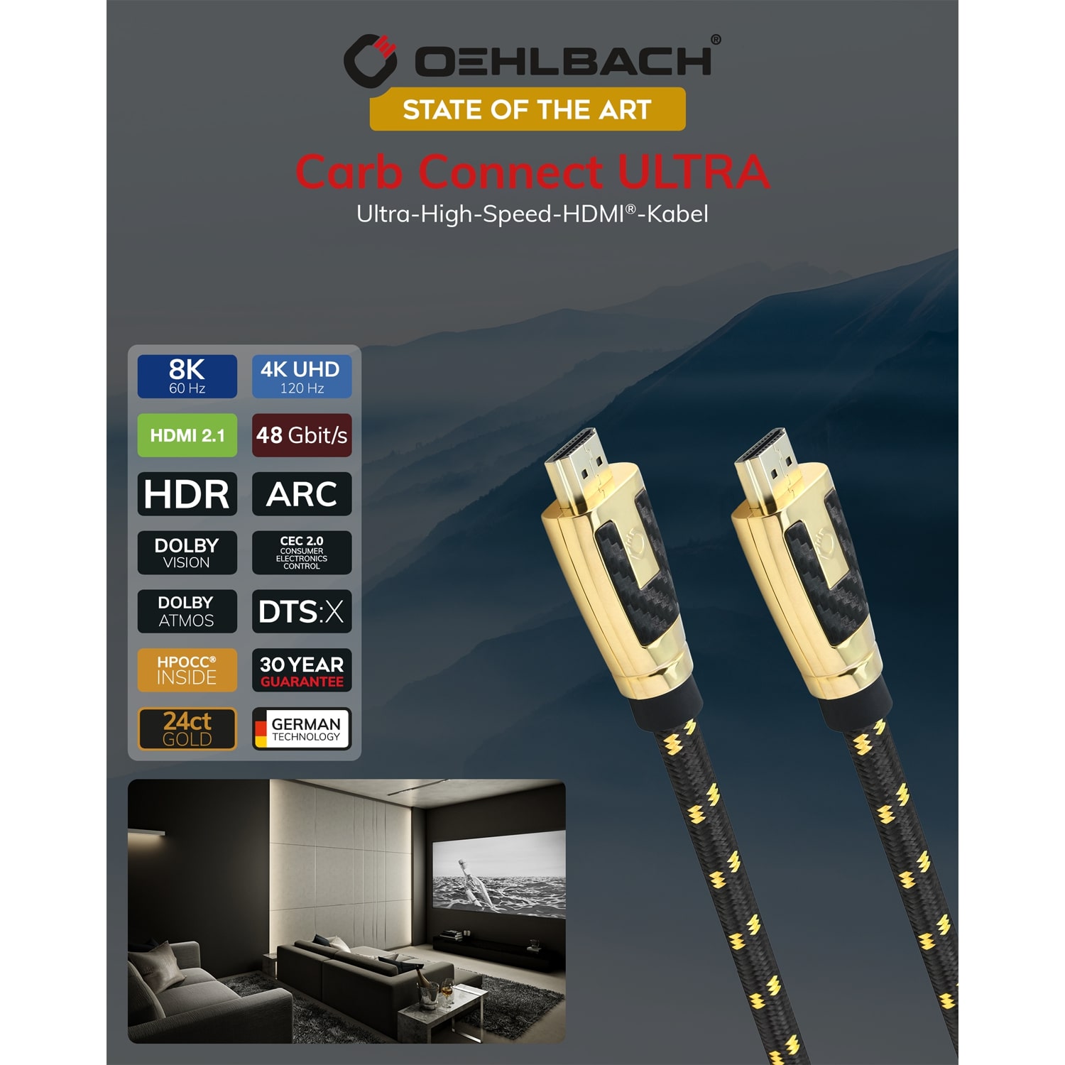 HDMI кабели Oehlbach STATE OF THE ART XXL Carb Connect Ultra HDMI, 5m, gold, D1C11446, цвет черно-золотой - фото 5