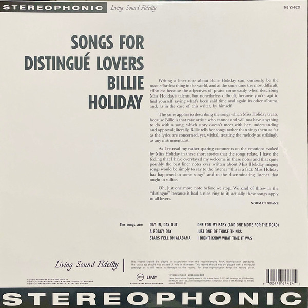 Джаз Universal (Aus) Holiday, Billie - Songs For Distingue Lovers (Acoustic Sound) (180 Gram Black Vinyl LP) - фото 5