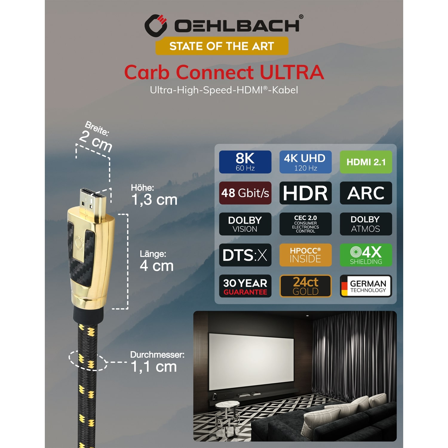 HDMI кабели Oehlbach STATE OF THE ART XXL Carb Connect Ultra HDMI, 5m, gold, D1C11446, цвет черно-золотой - фото 6