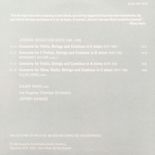 Классика Deutsche Grammophon Intl Hilary Hahn, Los Angeles Chamber Orchestra, Jeffrey Kahane, J.S. Bach: Concertos - фото 5