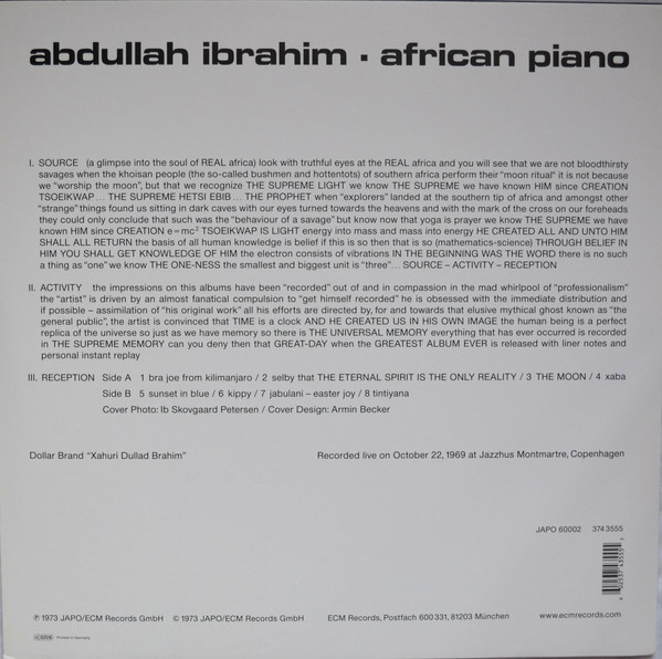 Рок ECM Ibrahim, Abdullah, African Piano (180 Gram) - фото 4